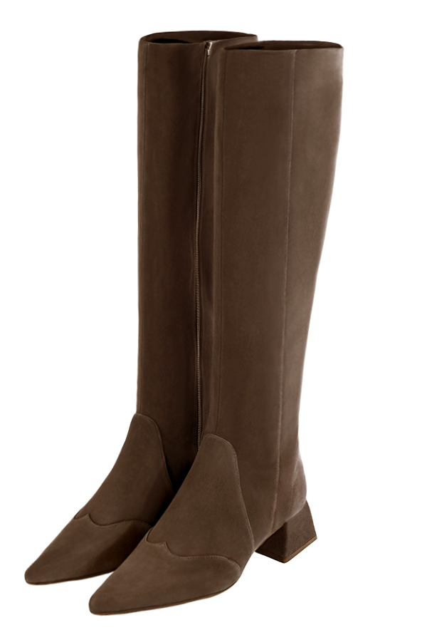 Custom-made women's chocolate brown elegant classic knee-high boots. Pointed toe. Low flare heels - Front view